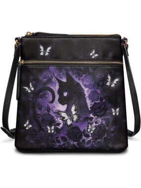 Women’s Purple Cat Leather Large Hobo Sling Purse Cell Phone Crossbody Bag